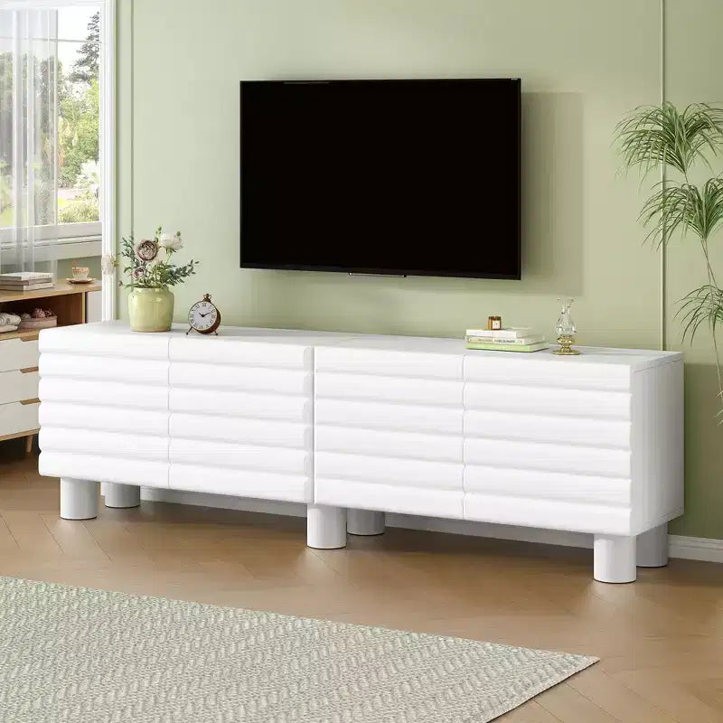 JVNOXK Mobile TV da 70 pollici stile onda con ripiani regolabili e 4 armadietti, adatto per TV fino a 75 pollici; ideale per soggiorni, bianco