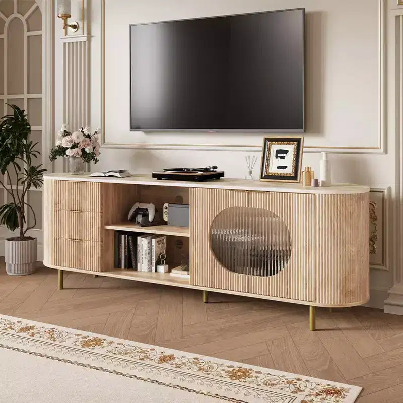 JVNOXK Mobile TV moderno da incasso da 65 pollici con ripiano effetto marmo e dettagli dorati, adatto per soggiorni, rovere naturale