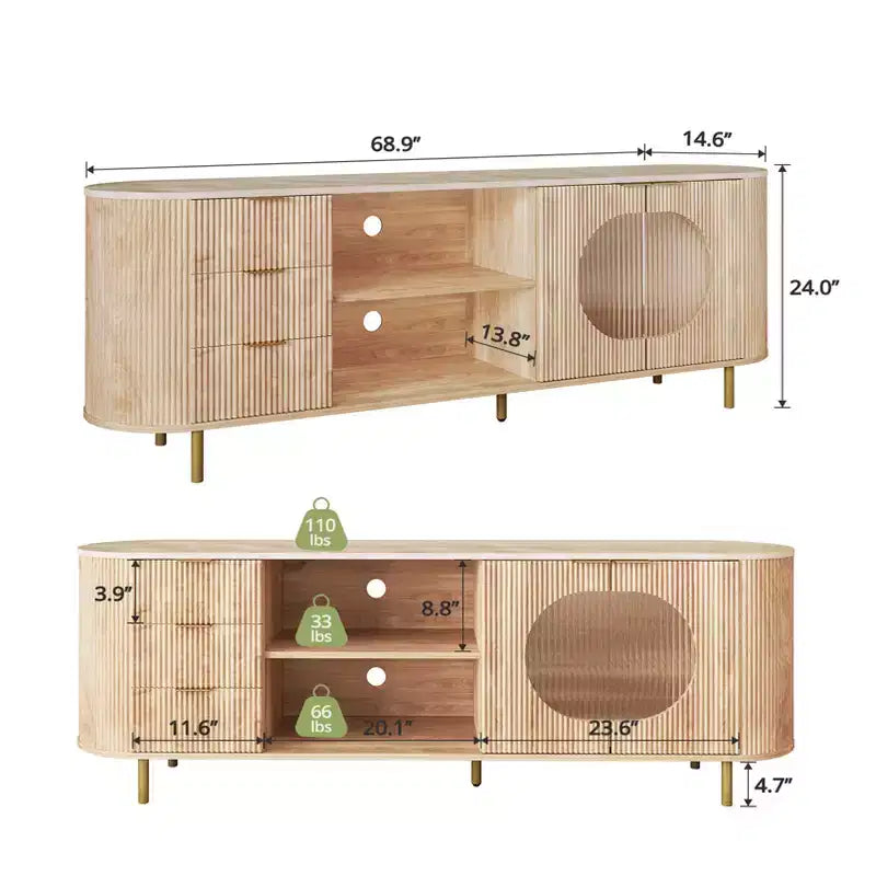 JVNOXK Mobile TV moderno da incasso da 65 pollici con ripiano effetto marmo e dettagli dorati, adatto per soggiorni, rovere naturale