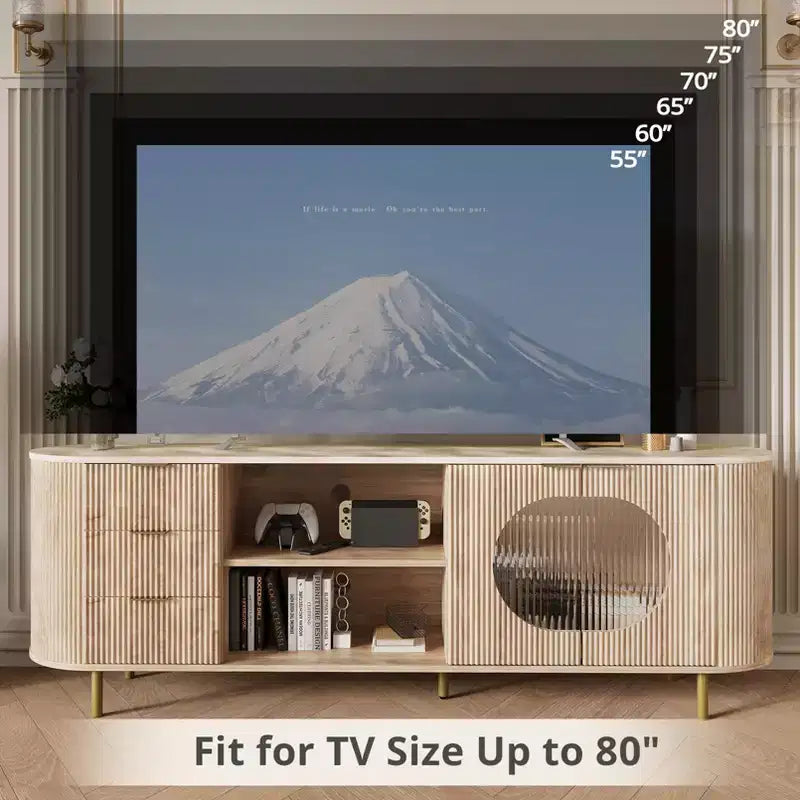 JVNOXK Mobile TV moderno da incasso da 65 pollici con ripiano effetto marmo e dettagli dorati, adatto per soggiorni, rovere naturale