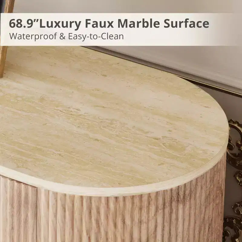 JVNOXK Mobile TV moderno da incasso da 65 pollici con ripiano effetto marmo e dettagli dorati, adatto per soggiorni, rovere naturale
