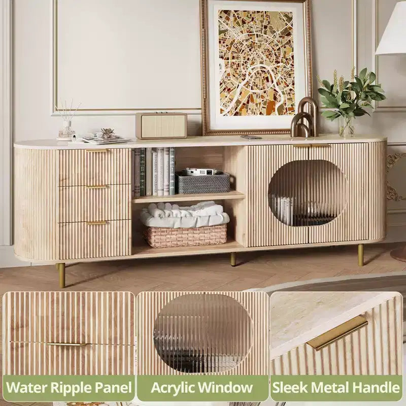 JVNOXK Mobile TV moderno da incasso da 65 pollici con ripiano effetto marmo e dettagli dorati, adatto per soggiorni, rovere naturale