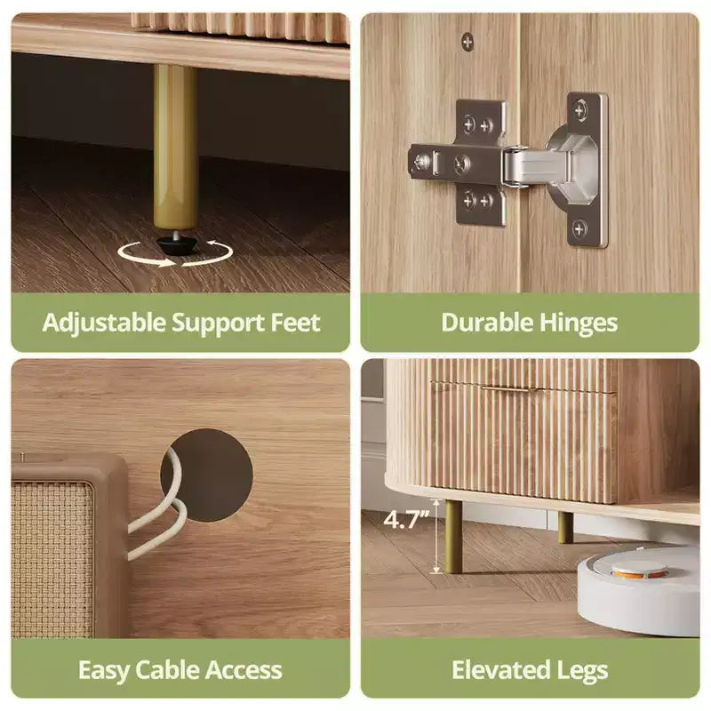 JVNOXK Mobile TV moderno da incasso da 65 pollici con ripiano effetto marmo e dettagli dorati, adatto per soggiorni, rovere naturale