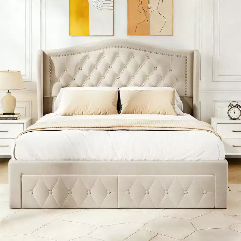 Dyonery Struttura Letto Matrimoniale, Letto a Piattaforma Rivestito in Velluto - Testiera a Onde Alta 133,6 cm e Trapuntata Verticale, 2 Cassetti portaoggetti, Nessuna Rete a Molle