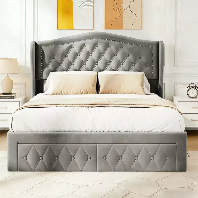 Dyonery Struttura Letto Matrimoniale, Letto a Piattaforma Rivestito in Velluto - Testiera a Onde Alta 133,6 cm e Trapuntata Verticale, 2 Cassetti portaoggetti, Nessuna Rete a Molle