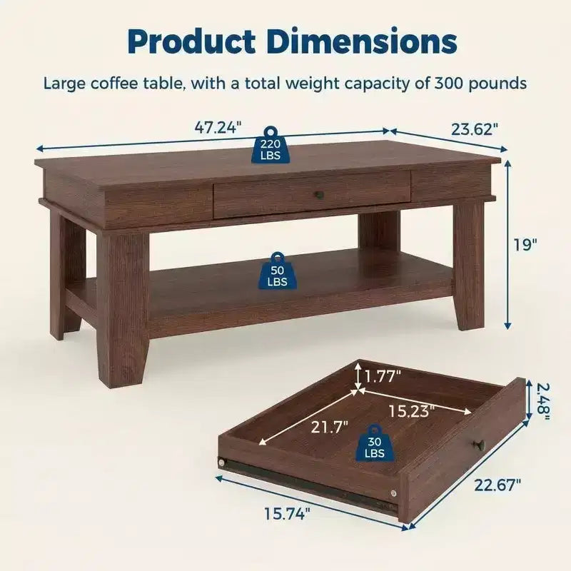 Tavolino da caffè rustico 47,2" stile fattoria, capacità 136 kg, con cassetto e ripiano portaoggetti, perfetto per il soggiorno (1 pezzo)
