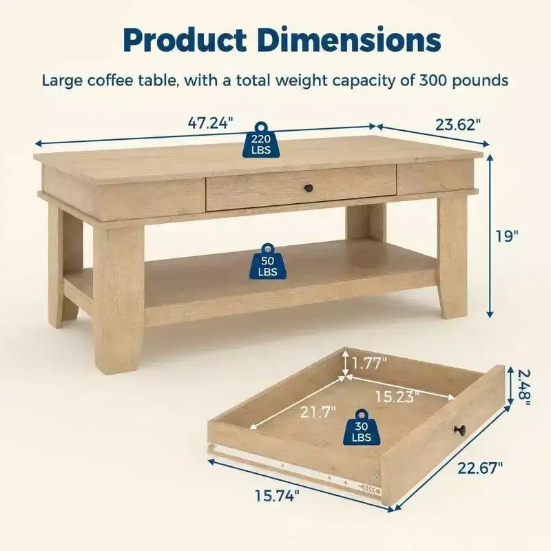 Tavolino da caffè rustico 47,2" stile fattoria, capacità 136 kg, con cassetto e ripiano portaoggetti, perfetto per il soggiorno (1 pezzo)
