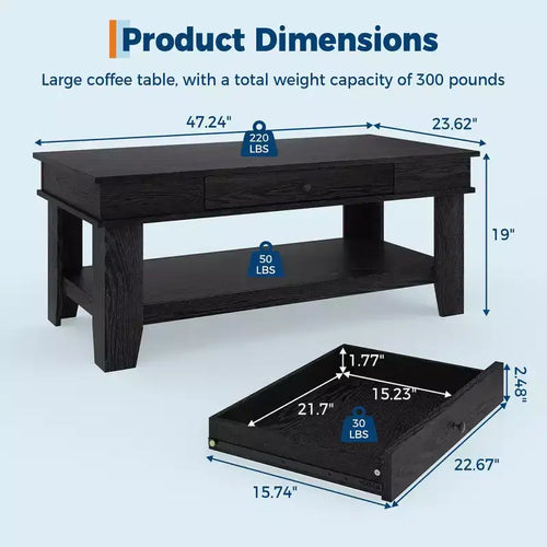 Tavolino da caffè rustico 47,2" stile fattoria, capacità 136 kg, con cassetto e ripiano portaoggetti, perfetto per il soggiorno (1 pezzo)