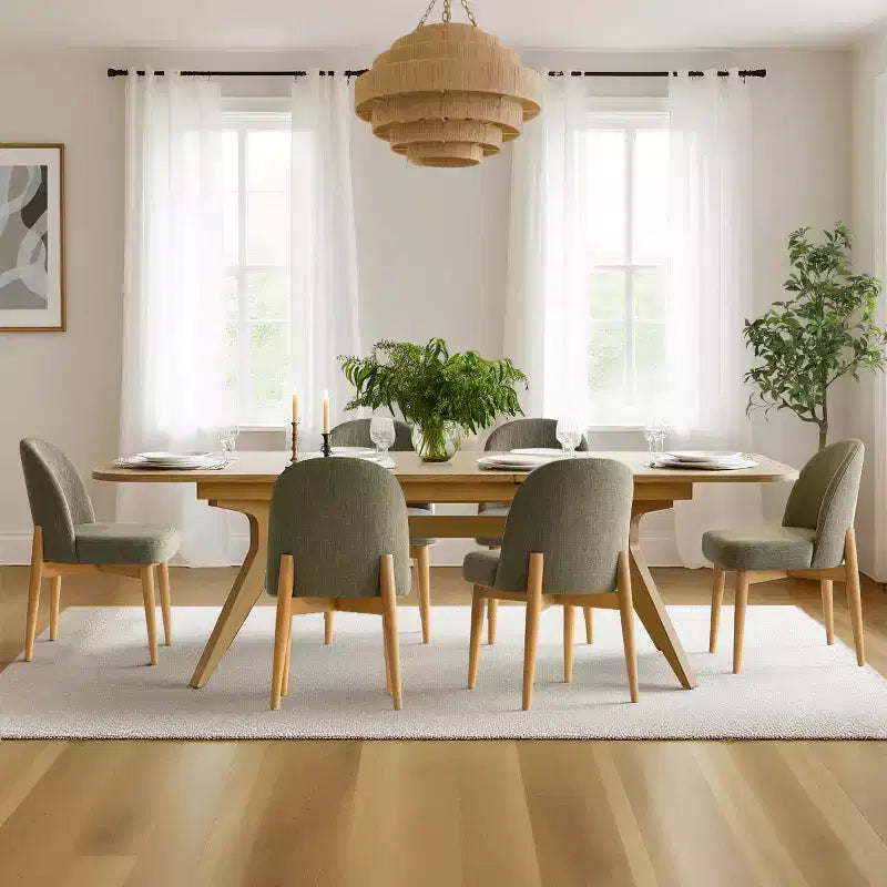 Set da pranzo da 7 pezzi, tavolo allungabile 78-96 con base a cavalletto e sedie imbottite con gambe in legno massello-Panipeachy