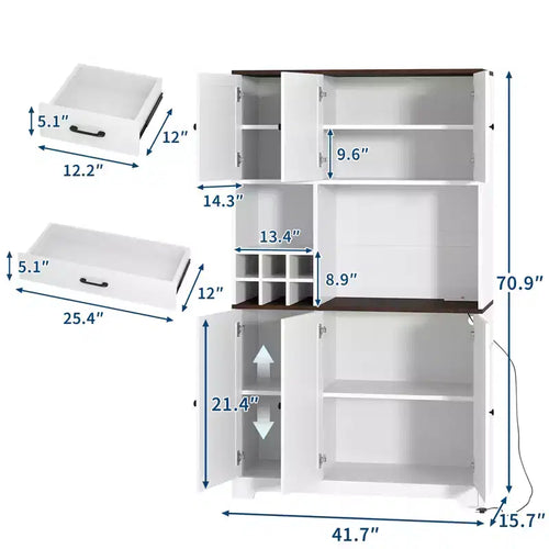 Dispensa da cucina bianca alta 180 cm, credenza da cucina moderna stile coloniale, mobile autoportante per stazione caffè con spazio contenitore