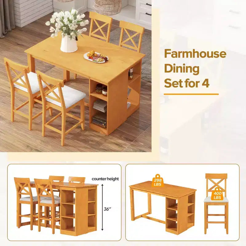 Set da pranzo FurnitureR in legno massello per 4 persone con ripiani portaoggetti, tavolo rettangolare da cucina e 4 sedie per sala da pranzo, angolo colazione, appartamento