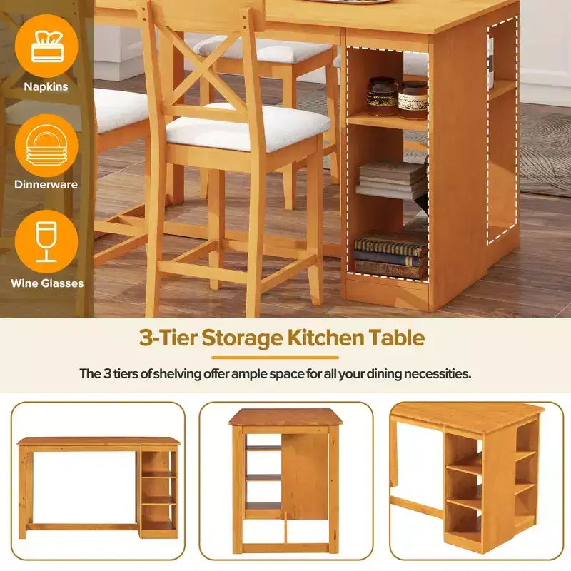 Set da pranzo FurnitureR in legno massello per 4 persone con ripiani portaoggetti, tavolo rettangolare da cucina e 4 sedie per sala da pranzo, angolo colazione, appartamento