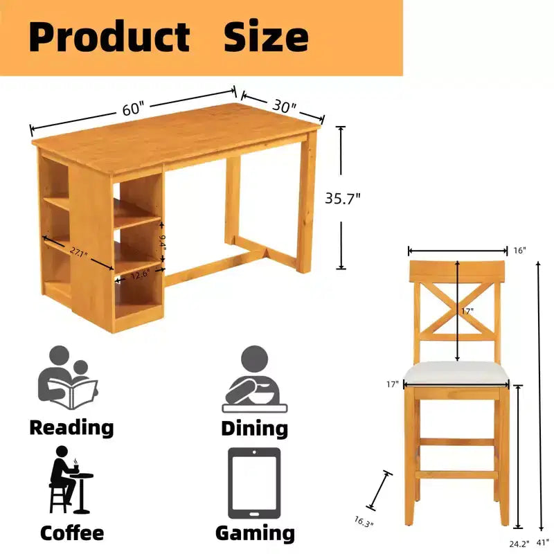 Set da pranzo FurnitureR in legno massello per 4 persone con ripiani portaoggetti, tavolo rettangolare da cucina e 4 sedie per sala da pranzo, angolo colazione, appartamento