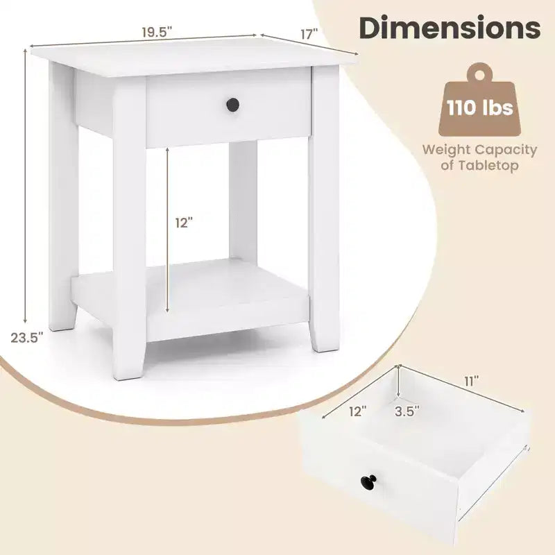 Costway Comodino 1/2 Pezzi con Cassetto Tavolino Moderno a 3 Ripiani con Ripiano Aperto per Camera da Letto Bianco/Nero
