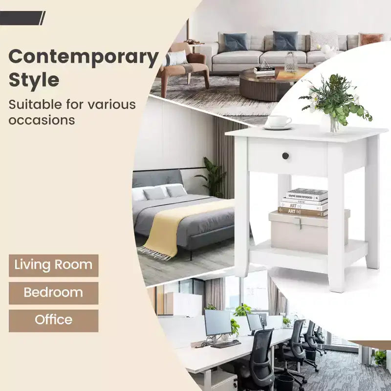 Costway Comodino 1/2 Pezzi con Cassetto Tavolino Moderno a 3 Ripiani con Ripiano Aperto per Camera da Letto Bianco/Nero
