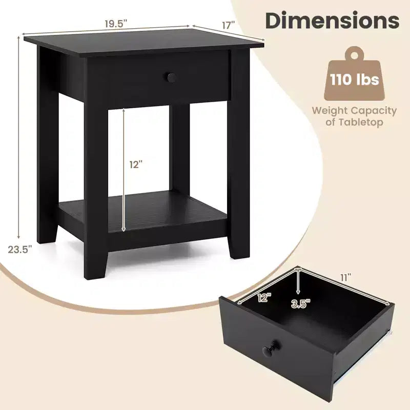 Costway Comodino 1/2 Pezzi con Cassetto Tavolino Moderno a 3 Ripiani con Ripiano Aperto per Camera da Letto Bianco/Nero
