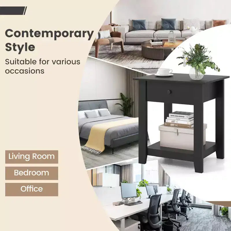Costway Comodino 1/2 Pezzi con Cassetto Tavolino Moderno a 3 Ripiani con Ripiano Aperto per Camera da Letto Bianco/Nero