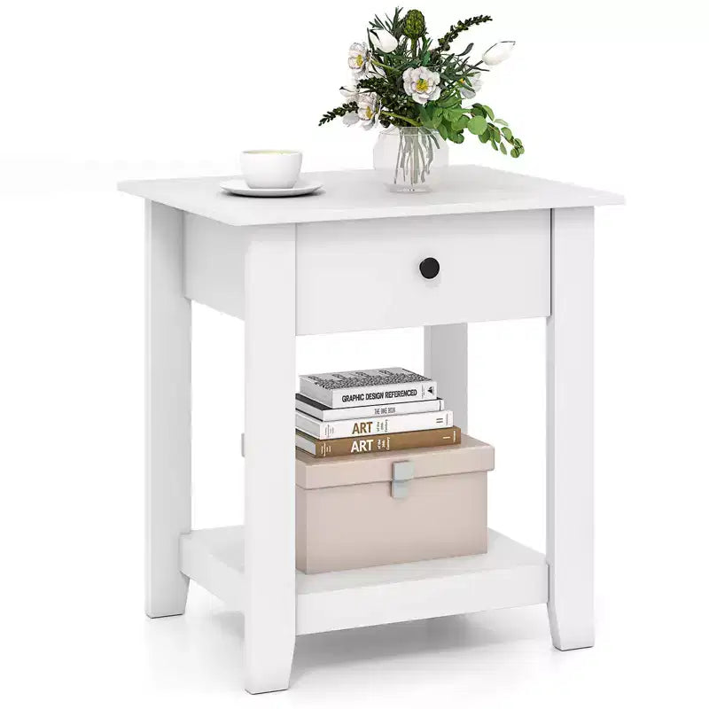 Costway Comodino 1/2 Pezzi con Cassetto Tavolino Moderno a 3 Ripiani con Ripiano Aperto per Camera da Letto Bianco/Nero