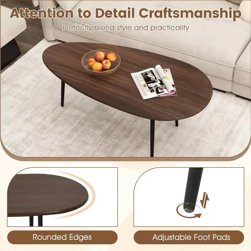 Tavolino da caffè ovale Costway con robusta struttura in metallo e design compatto, tavolino da divano retrò noce/naturale/grigio/nero