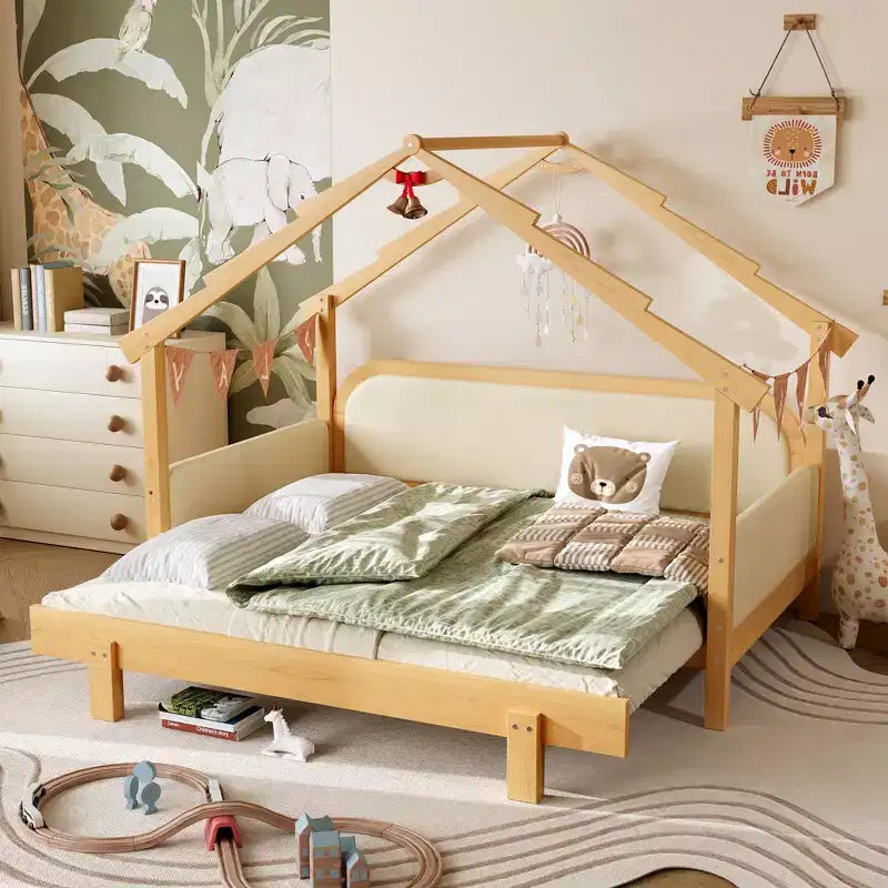 JVNOXK Letto a forma di casa sull'albero in legno con sponde imbottite, per bambini, ragazzi, ragazze, colore bianco