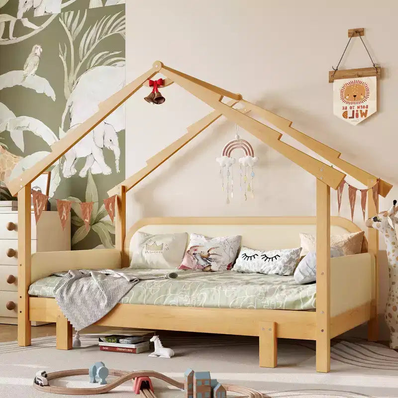 JVNOXK Letto a forma di casa sull'albero in legno con sponde imbottite, per bambini, ragazzi, ragazze, colore bianco