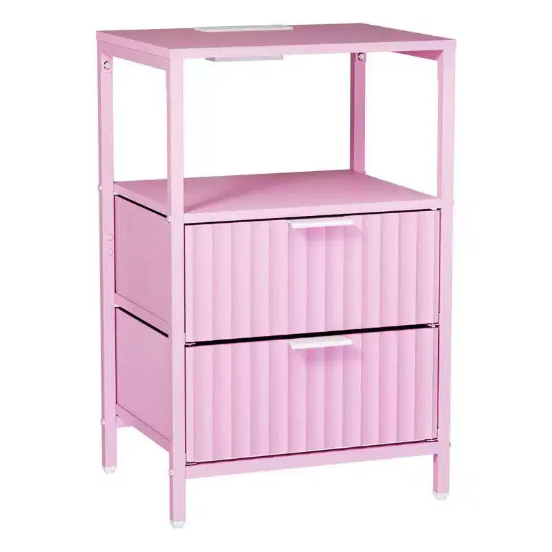 Comodino Karl Home largo 38 cm - 2 cassetti, 1 ripiano, presa di corrente USA - set da 2