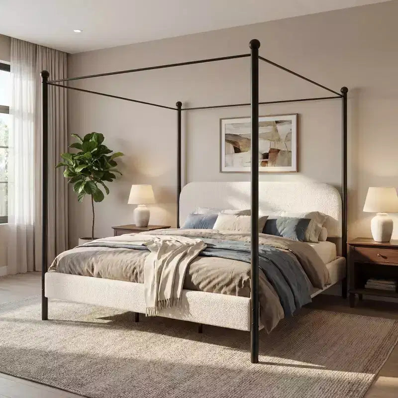 Christopher Knight Home Roman Modern Letto a Baldacchino in Ferro e Legno con Struttura Imbottita in Bouclé e Testiera Curva