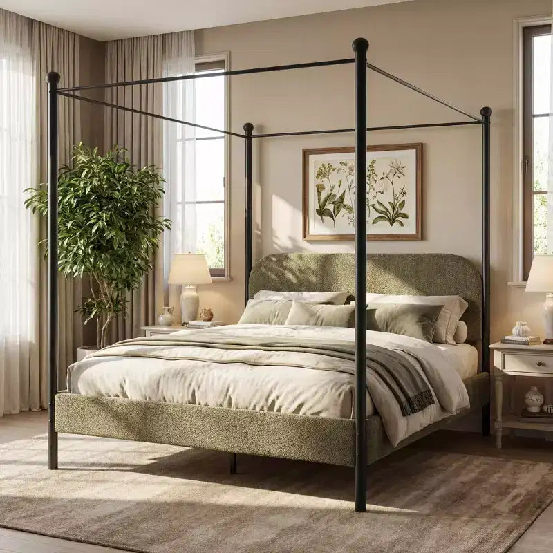 Christopher Knight Home Roman Modern Letto a Baldacchino in Ferro e Legno con Struttura Imbottita in Bouclé e Testiera Curva