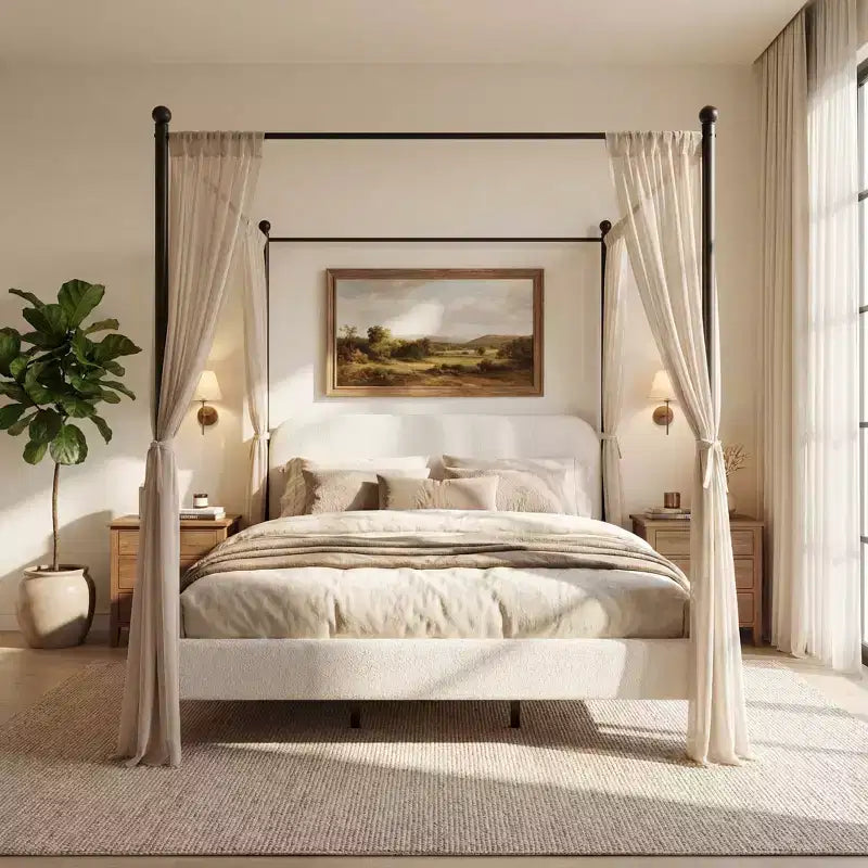 Christopher Knight Home Roman Modern Letto a Baldacchino in Ferro e Legno con Struttura Imbottita in Bouclé e Testiera Curva