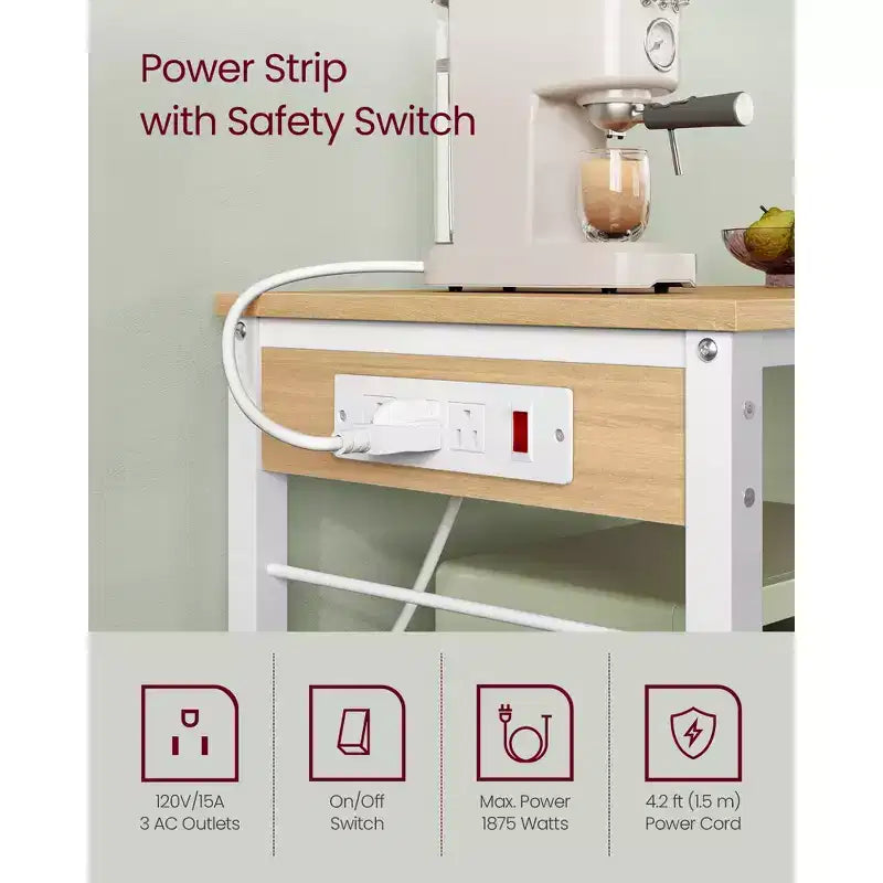 VASAGLE Isola da Cucina con Presa Elettrica, Supporto per Forno a Microonde, Scaffale da Panettiere con 3 Ripiani Aperti, 6 Ganci, Struttura in Metallo, Rovere Dorato e Bianco