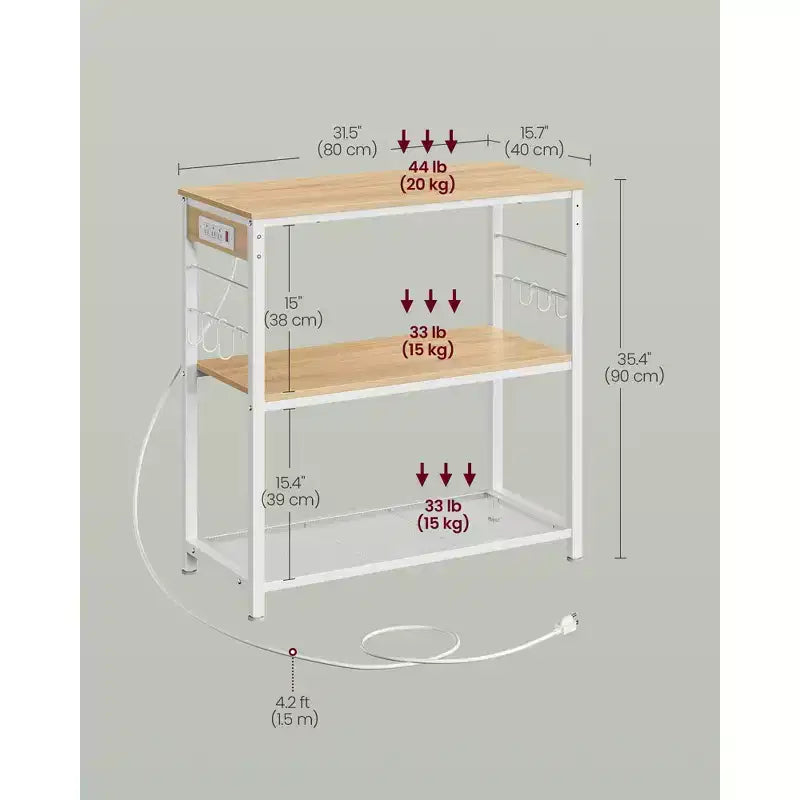 VASAGLE Isola da Cucina con Presa Elettrica, Supporto per Forno a Microonde, Scaffale da Panettiere con 3 Ripiani Aperti, 6 Ganci, Struttura in Metallo, Rovere Dorato e Bianco