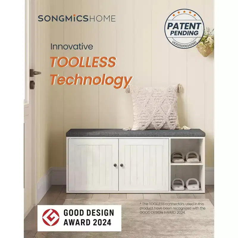 SONGMICS HOME Panca Contenitore, Montaggio Super Veloce Senza Attrezzi, Scarpiera con Anta e Ripiano Regolabile, Bianco Rustico e Grigio Ardesia