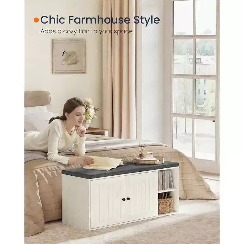 SONGMICS HOME Panca Contenitore, Montaggio Super Veloce Senza Attrezzi, Scarpiera con Anta e Ripiano Regolabile, Bianco Rustico e Grigio Ardesia