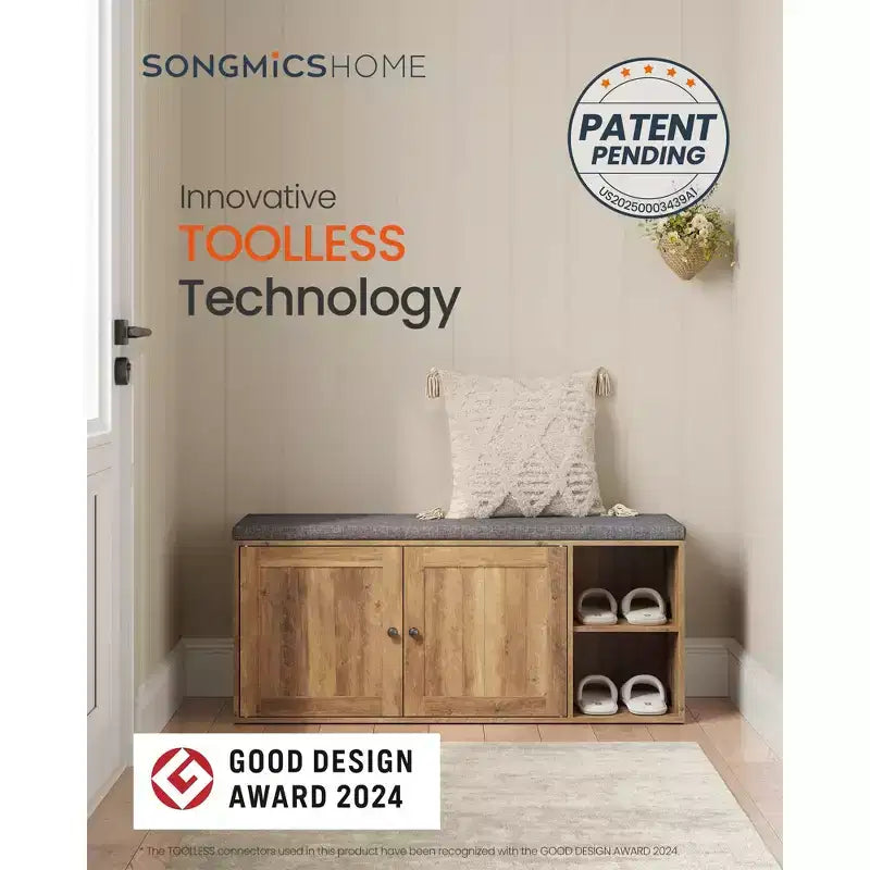 SONGMICS HOME Panca Contenitore, Montaggio Super Veloce Senza Attrezzi, Scarpiera con Anta e Ripiano Regolabile, Bianco Rustico e Grigio Ardesia