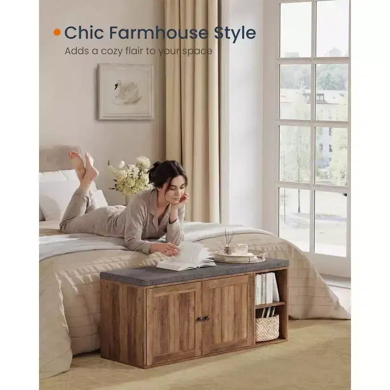 SONGMICS HOME Panca Contenitore, Montaggio Super Veloce Senza Attrezzi, Scarpiera con Anta e Ripiano Regolabile, Bianco Rustico e Grigio Ardesia