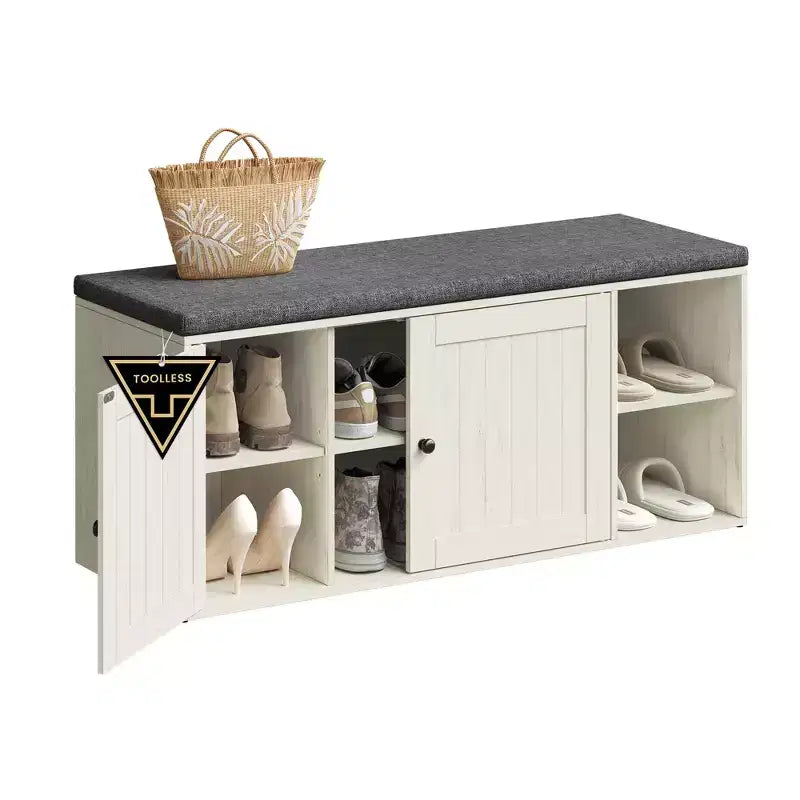 SONGMICS HOME Panca Contenitore, Montaggio Super Veloce Senza Attrezzi, Scarpiera con Anta e Ripiano Regolabile, Bianco Rustico e Grigio Ardesia