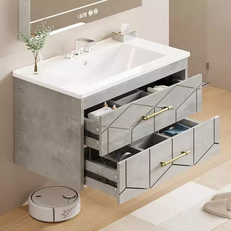 Set moderno di mobile lavabo sospeso con lavello - Mobile a parete con cassetto contenitore a chiusura ammortizzata e maniglia dorata, misura 24 o 30