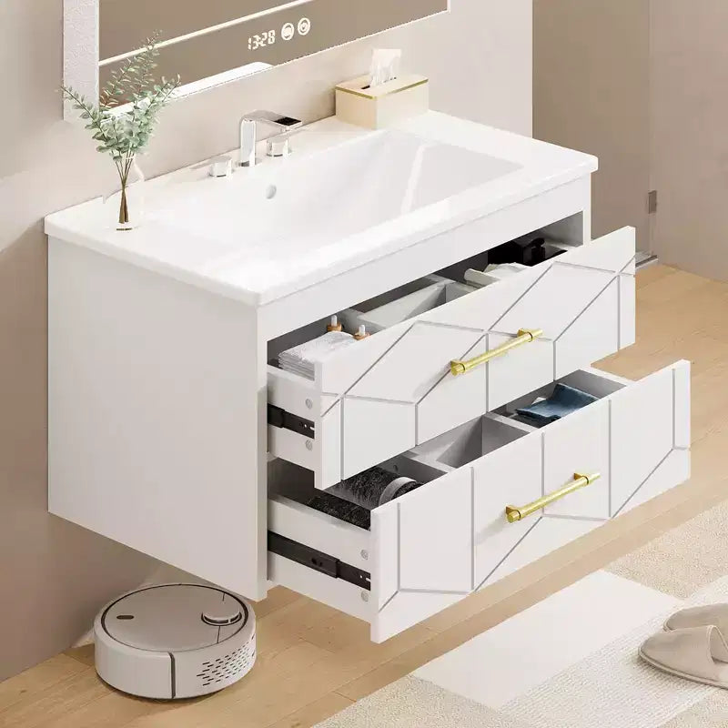 Set moderno di mobile lavabo sospeso con lavello - Mobile a parete con cassetto contenitore a chiusura ammortizzata e maniglia dorata, misura 24 o 30