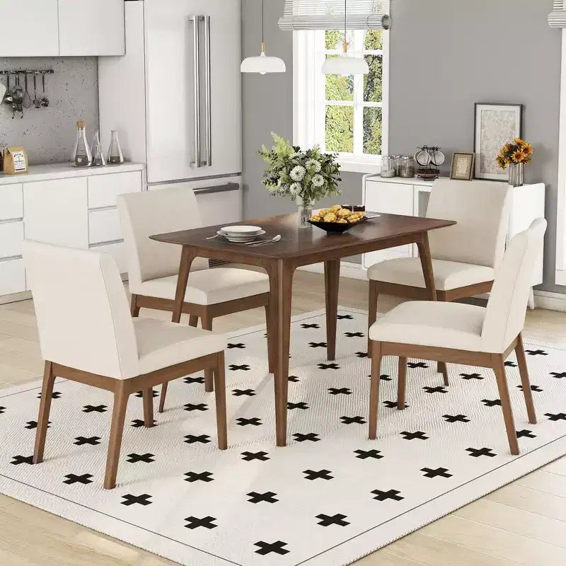Set da pranzo moderno in legno per 4 persone, 5 pezzi, tavolo rettangolare con 4 sedie imbottite per sala da pranzo e cucina, beige chiaro, noce