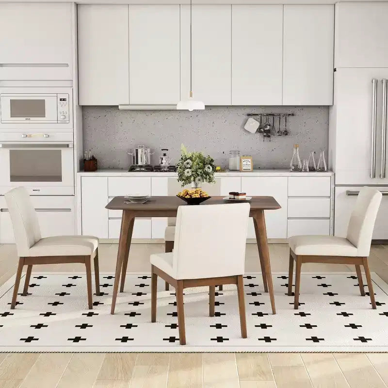 Set da pranzo moderno in legno per 4 persone, 5 pezzi, tavolo rettangolare con 4 sedie imbottite per sala da pranzo e cucina, beige chiaro, noce