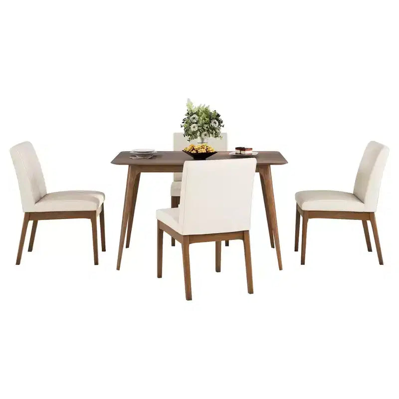 Set da pranzo moderno in legno per 4 persone, 5 pezzi, tavolo rettangolare con 4 sedie imbottite per sala da pranzo e cucina, beige chiaro, noce
