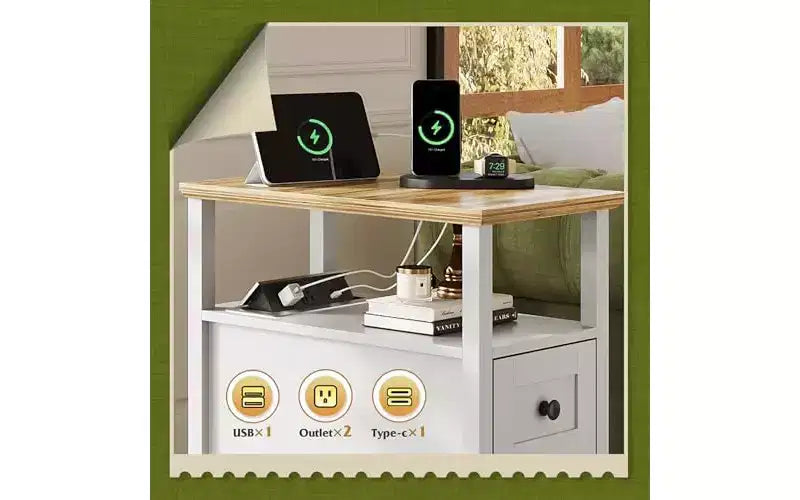 DEXYLLO Tavolino Laterale Stretto con Stazione di Ricarica, Comodino in Legno con 2 Cassetti, Tavolini per Soggiorno, Camera da Letto, Piccoli Spazi