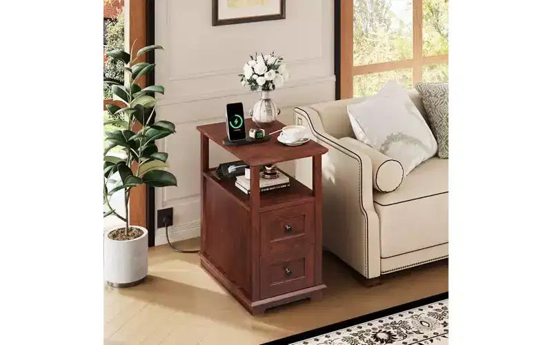 DEXYLLO Tavolino Laterale Stretto con Stazione di Ricarica, Comodino in Legno con 2 Cassetti, Tavolini per Soggiorno, Camera da Letto, Piccoli Spazi