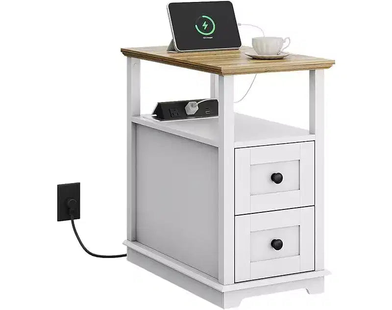 DEXYLLO Tavolino Laterale Stretto con Stazione di Ricarica, Comodino in Legno con 2 Cassetti, Tavolini per Soggiorno, Camera da Letto, Piccoli Spazi