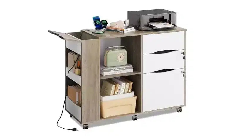 DEXYLLO Cassettiera schedario con serratura, cassettiera mobile laterale a 3 cassetti con stazione di ricarica, supporto per stampante con vano a giorno