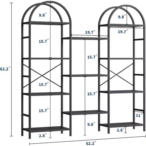 Libreria ad arco a 4 livelli, 11 ripiani aperti, struttura in metallo e ripiani in legno, scaffale alto e largo per soggiorno, camera da letto, ufficio