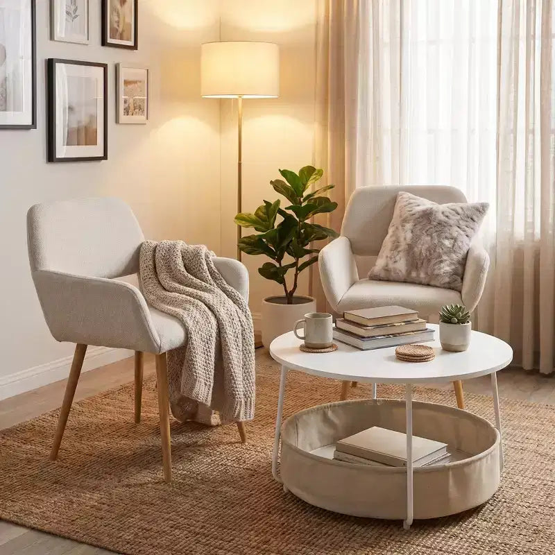 Set 3 pezzi divano e tavolino FurnitureR, tavolino rotondo con 2 sedie imbottite per soggiorno, salotto o appartamento