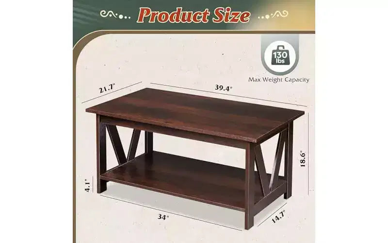 Tavolino da Caffè DEXYLLO con Ripiano Portaoggetti, Tavolino da Caffè Rustico da 100 cm con Supporto a V