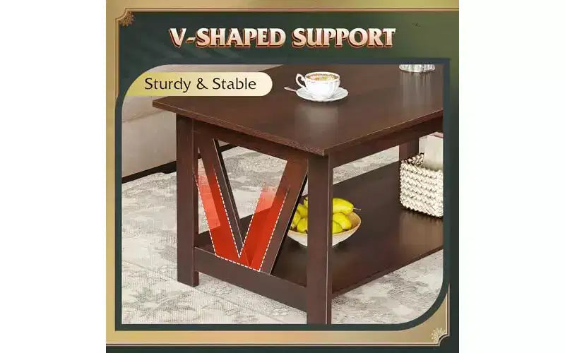 Tavolino da Caffè DEXYLLO con Ripiano Portaoggetti, Tavolino da Caffè Rustico da 100 cm con Supporto a V