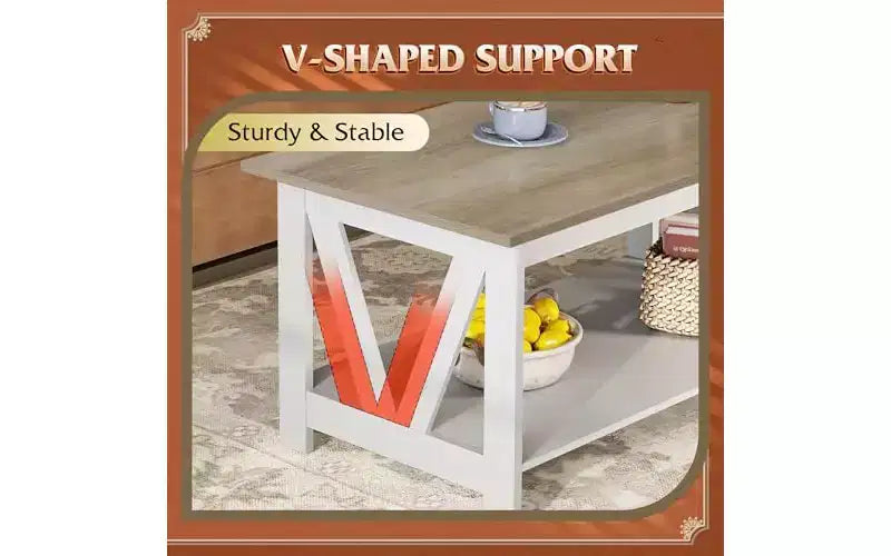 Tavolino da Caffè DEXYLLO con Ripiano Portaoggetti, Tavolino da Caffè Rustico da 100 cm con Supporto a V